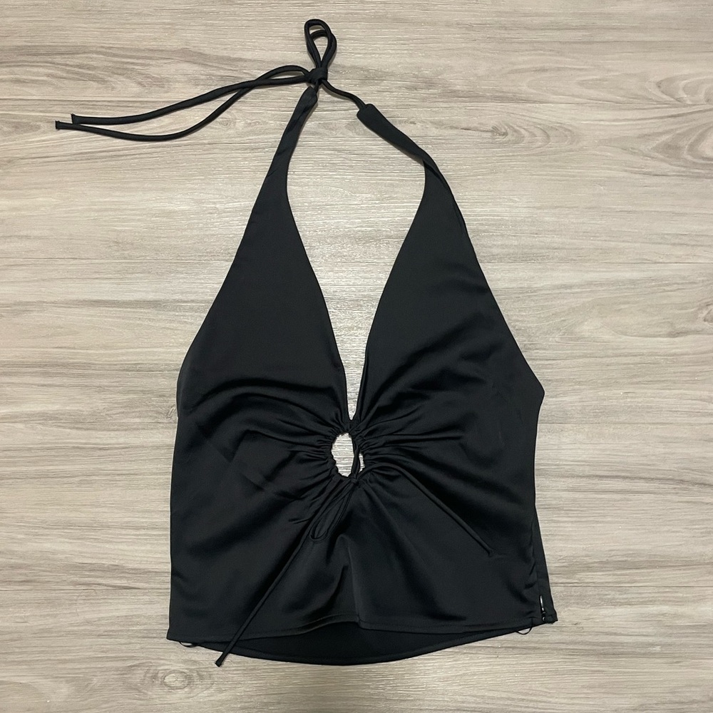 Abercrombie Satin Cinched Halter Top in black, size M